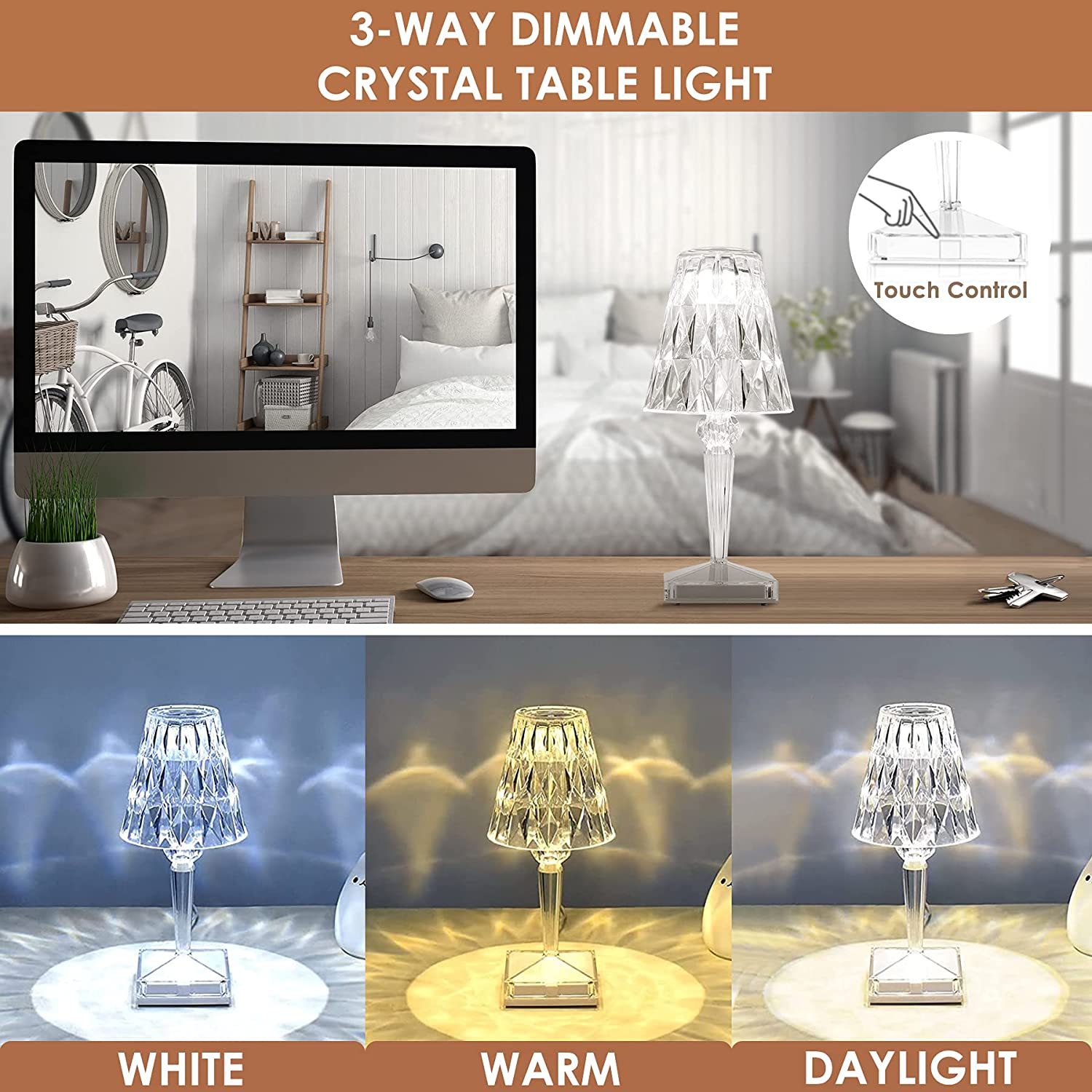 Elegant LED Table Lamp with Diamond Design | Cordless & Rechargeable for Versatile Indoor Lighting 3